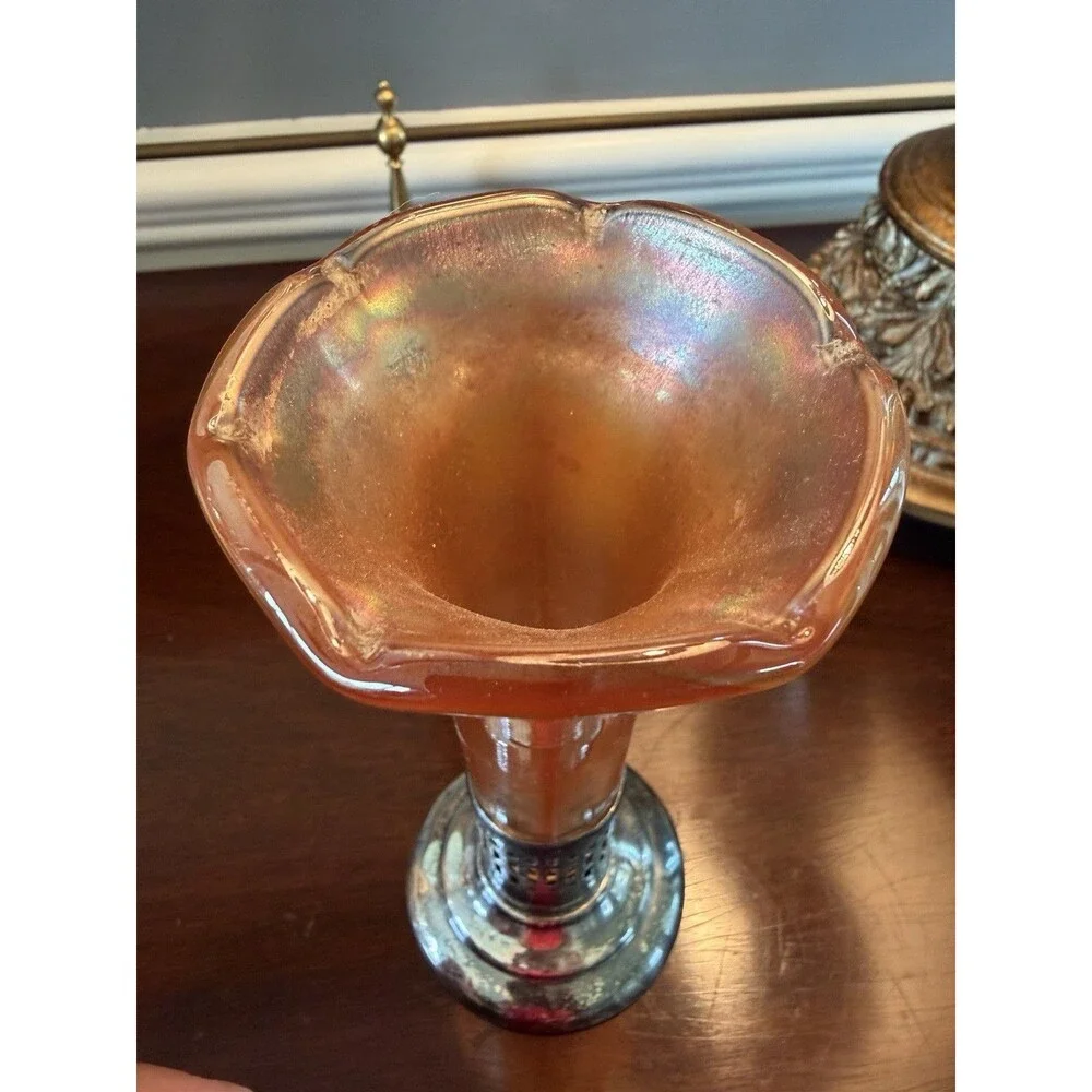 Vintage Art Nouveau Marigold Peach Carnival Glass Bud Flower Vase w/ Metal Stand